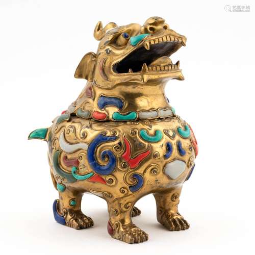 GILT BRONZE & STONES INLAID QILIN CENSER