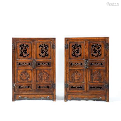 PAIR OPEN-WORKS HUANGHUALI DOUBLE DOORS LOW CABINET