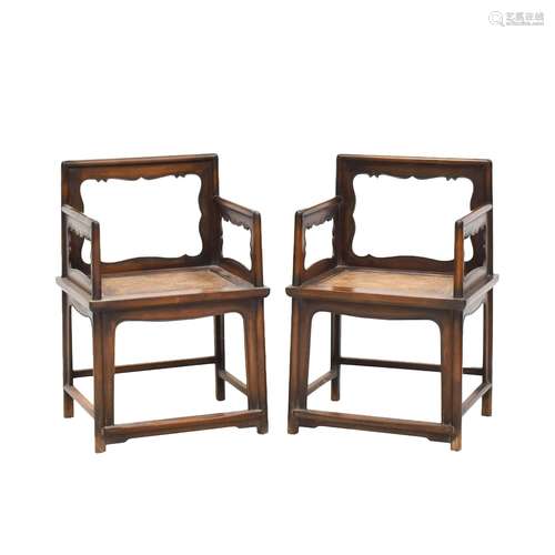 ANTIQUE PAIR HUANGHUALI WICKER SEAT ROSE ARM CHAIRS