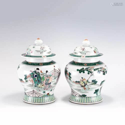 PAIR KANGXI FAMILLE VERTE GENERAL HELMET JARS