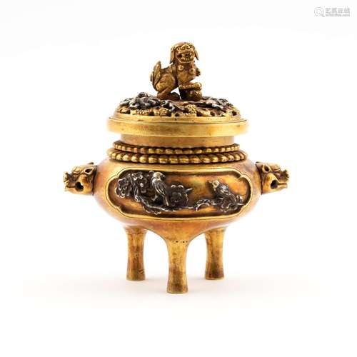 JIAQING FU DOG SILVER GILT BRONZE TRIPOD CENSER