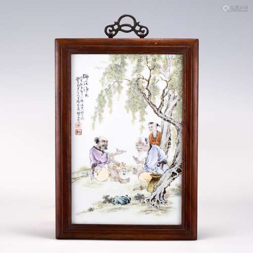 WANG QI FAMILLE ROSE FRAMED PORCELAIN PLATE