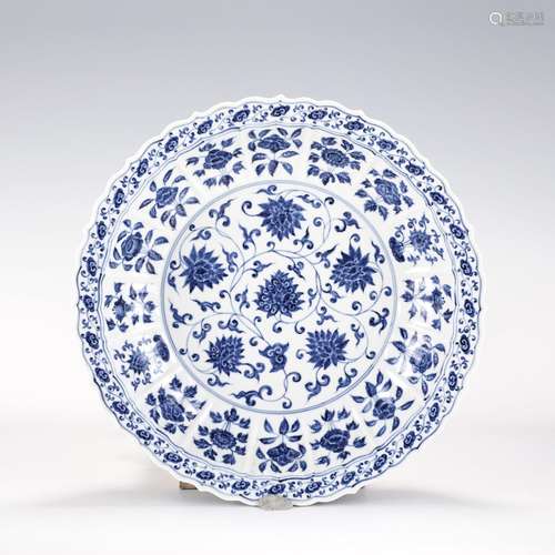 MING BLUE & WHITE LOTUS PLATE