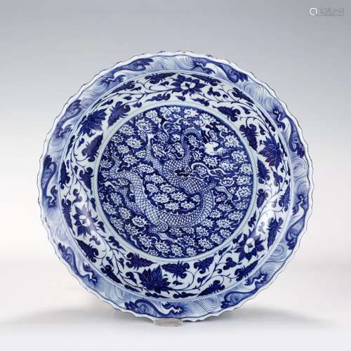 MING WITH BLUE & WHITE DRAGON PLATE