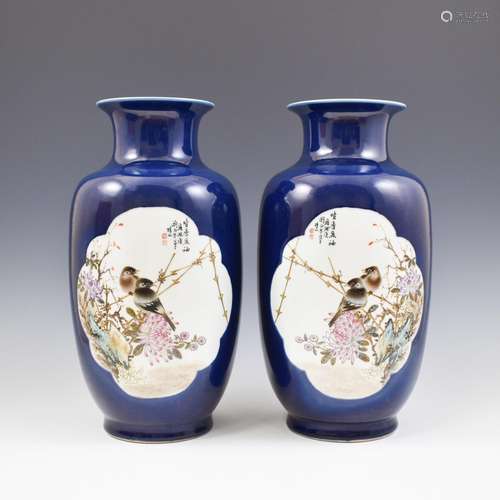 PAIR OF 20TH C CHINESE BLUE GLAZED BIRDS MOTIF VASES