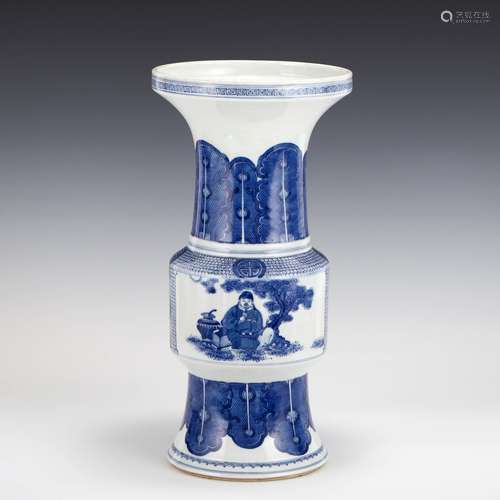 QING BLUE & WHITE FIGURATIVE GU VASE