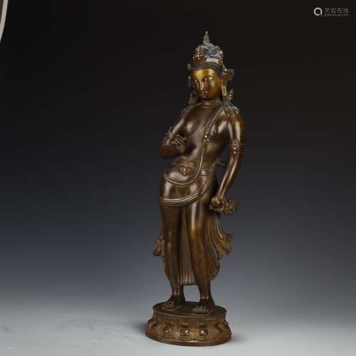 Qing Dynasty alloy copper inlaid turquoise coral Buddha stat...