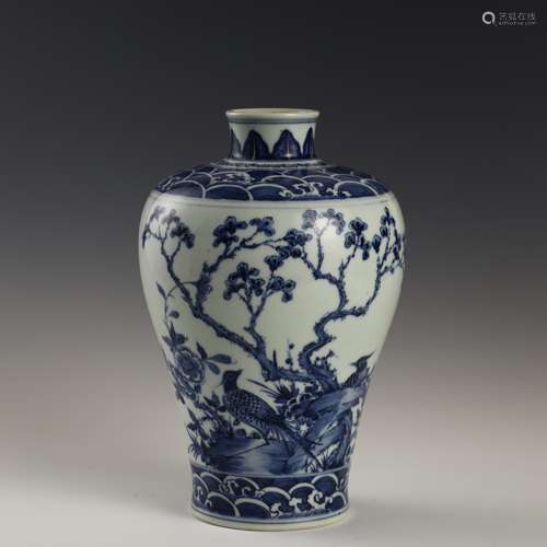 Ancient blue and white flower and bird plum vase