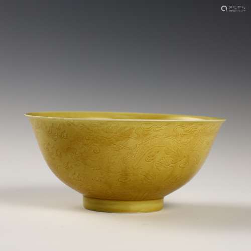 Yellow glaze dark engraved bowl