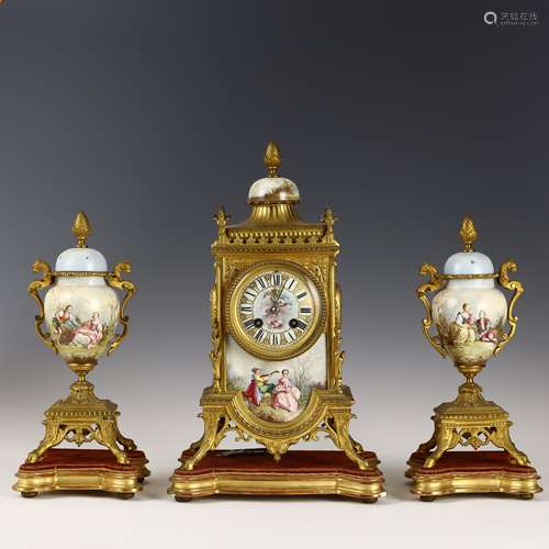 A set of French copper gilded enamel clock