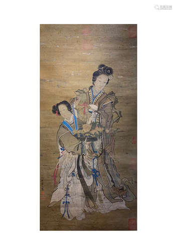 Vertical scroll on silk of Qiu Ying's birthday