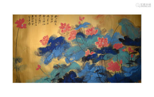 Zhang Daqian splash color lotus pond clay gold paper lens