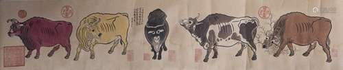 A CHINESE SCROLL PAINTING OF BULLS