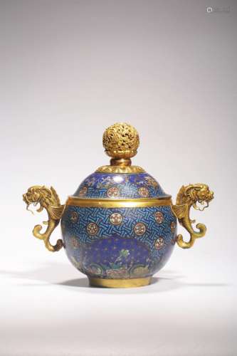 A CLOISONNE DOUBLE-EAR 'DRAGON' CENSER AND COVER, QIANLONG M...