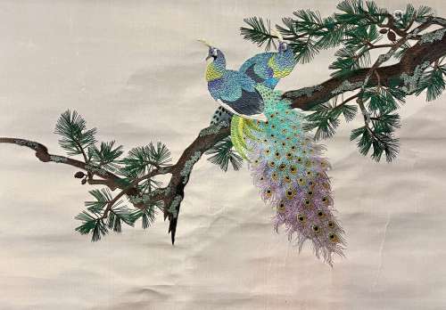 A CHINESE EMBROIDERED PEACOCKS