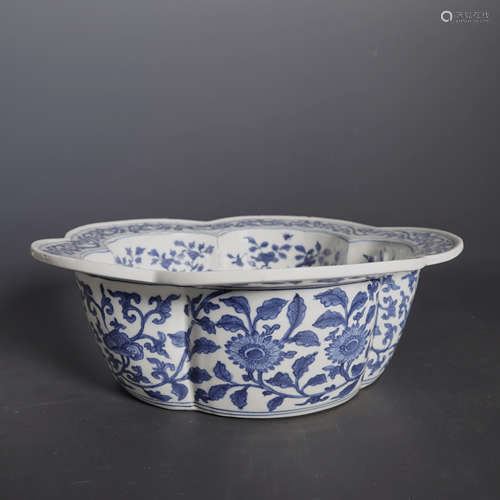 A CHINESE BLUE AND WHITE PLUM BLOSSOM SHAPE JARDINIERE WITH ...