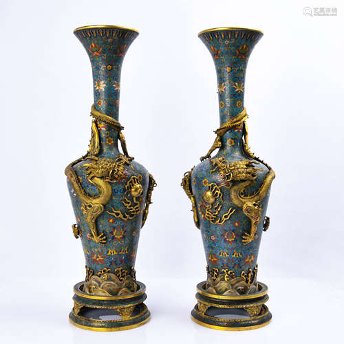 A PAIR OF CLOISONNE ENAMEL 'DRAGON' VASES WITH BASES