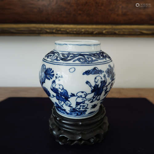 A CHINESE BLUE AND WHITE PLAYING CHILD JAR WITH ‘JIA JING’ M...