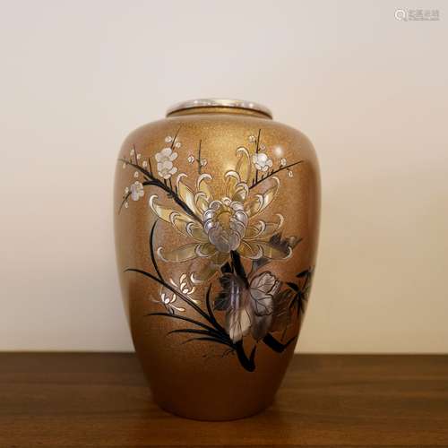 A JAPANESE GILT BRONZE VASE WITH GOLD AND SILVER INLAID FLOW...