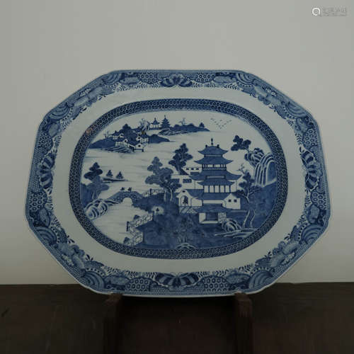 A CHINESE BLUE AND WHITE LANDSCAPE LARGE PLATE