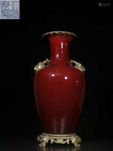 Chinese Red Glazed Porcelain Vase w Bronze Mount