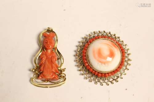 Two Coral Pendant and Brooch w 14K Gold