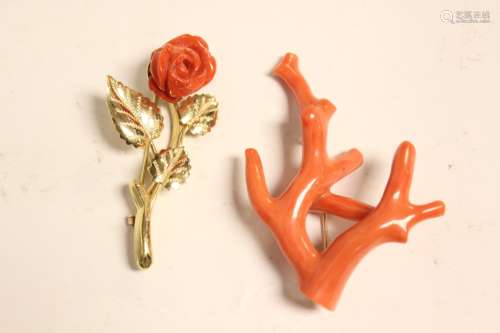 Two Coral Pin Brooch w 14K Gold
