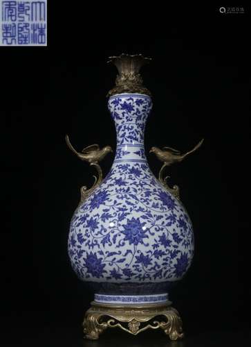 Chinese Blue&White Porcelain Vase w Bronze Mount