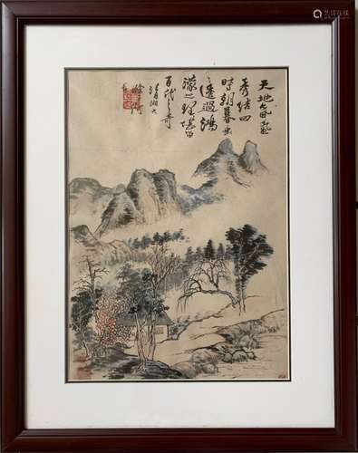 Chinese Ink Color Painting w Calligraphy,Signed