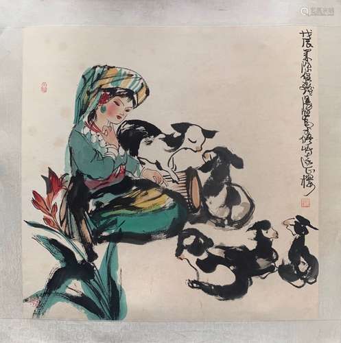 Chinese Ink Color Painting w Calligraphy,Signed