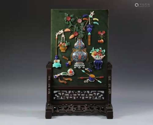 Chinese Spinach Jade Table Screen w Cloisonne