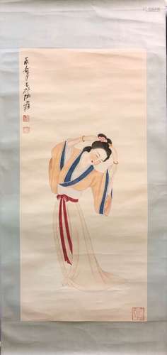 Chinese Ink Color Painting w Calligraphy,Signed