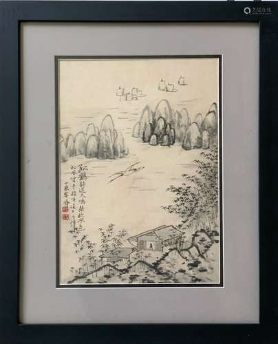 Chinese Ink Color Painting w Calligraphy,Signed