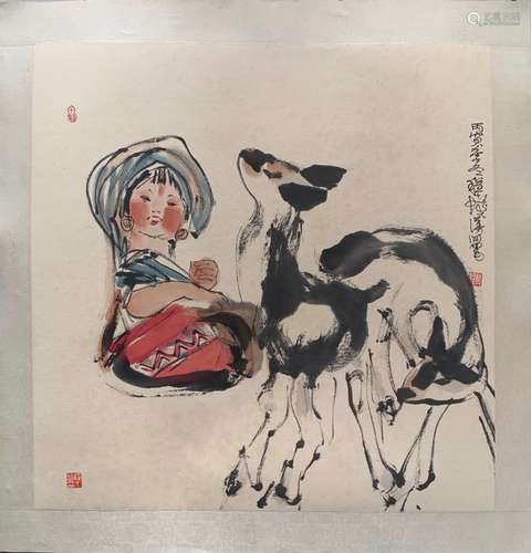 Chinese Ink Color Painting w Calligraphy,Signed