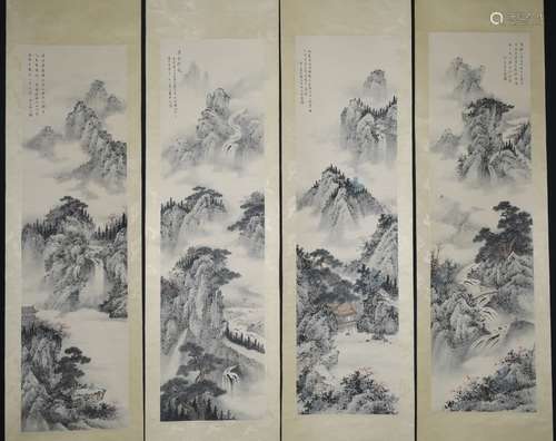 Chinese Ink Color Scroll Painting Set w Signature