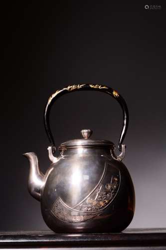 Japanese Silver Teapot, Gold Inlaid , Mark