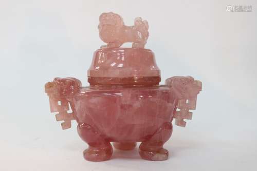 Chinese Pink Quartz Tripod Censer