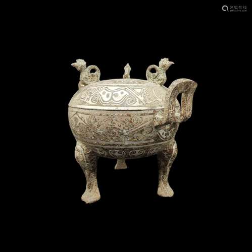 Chinese Tripod Censer,Silver Inlaid