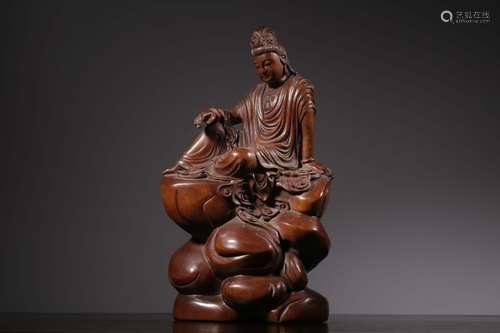 Chinese Huangyang Wood Carved Guanyin Statue