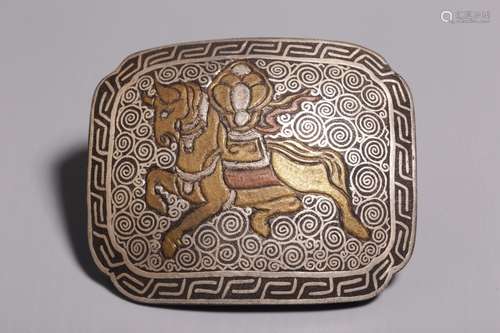 Chinese Metal Belt Buckle, Silver&Gold Inlaid