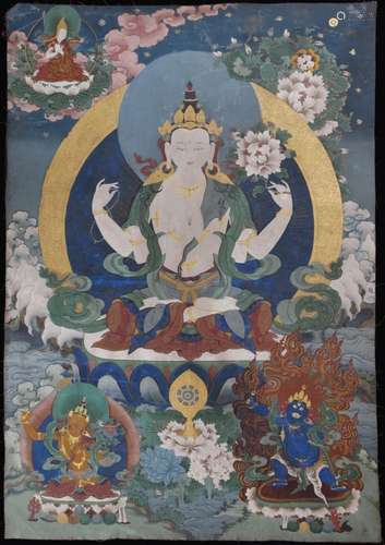 Chinese Thangka of Four Arms Guanyin