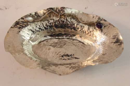 Hand Hammered Silver Bowl Decorated w Stones