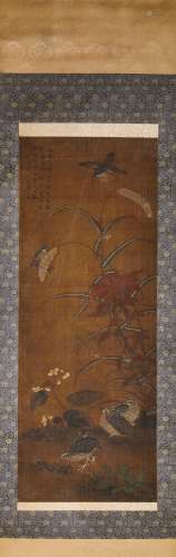 Chinese Flower and Bird Painting Silk Scroll, Wang Wu Mark