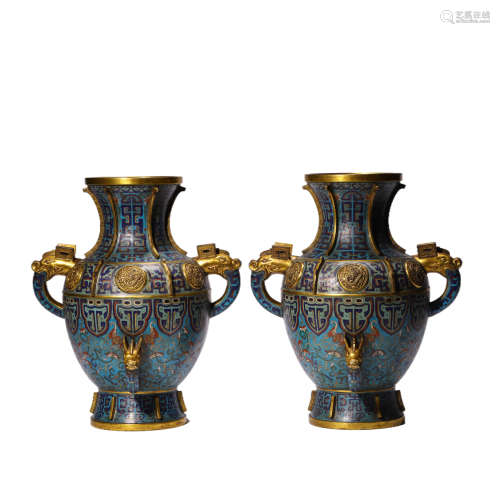 Pair of Cloisonne Enamel Dragon-Eared Vases