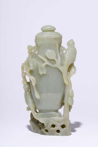 Carved White Jade Bird Vase and Cover