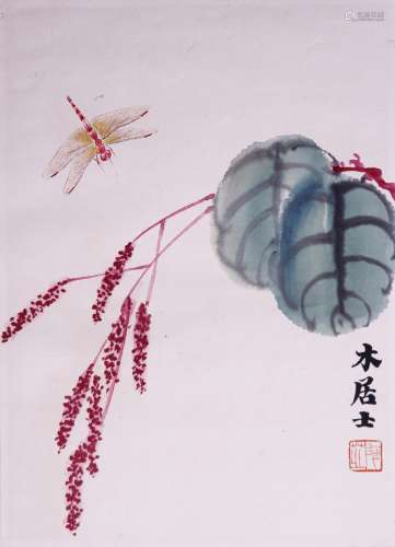 齐白石 蜻蜓花卉 设色纸本镜片