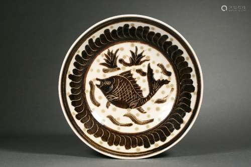 Black Glazed Plate Carved with Fish