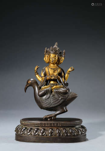 A Chinese Gold Painted Bronze Brahma Statue Marked Qian Long