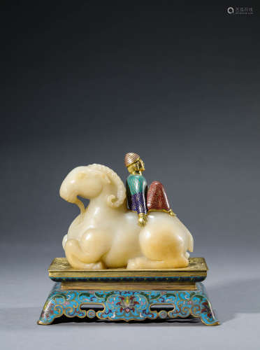A Chinese Jade Lam and Cloisonne Enamel Figure and Stand
