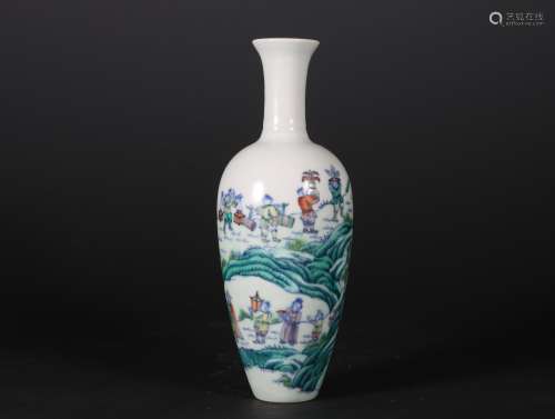 A Chinese Doucai landscape figure willow leaf vase